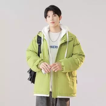 Хлопковая одежда мужская поддельная с двумя капюшонами утолщенная термохлопковая одежда пара свободное пальто женская зимняя куртка M чёрный