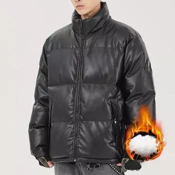 Хлопковая одежда, мужская зимняя, прочная, утолщенная, ветрозащитная и теплая, стоячая куртка с хлопковой подкладкой, однотонная, из искусственной кожи M чёрный