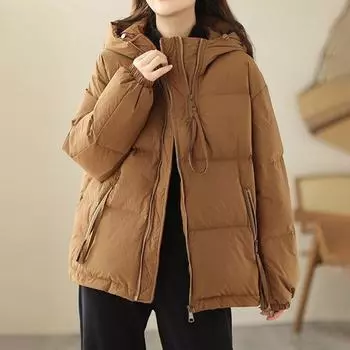 Хлопковая одежда с капюшоном, женская осенне-зимняя короткая свободная утолщенная удобная куртка, теплое однотонное мягкое пальто L белый