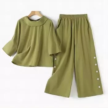 Хлопковая одежда Женская блузка и брюки Летний костюм из двух предметов 2XL бежевый