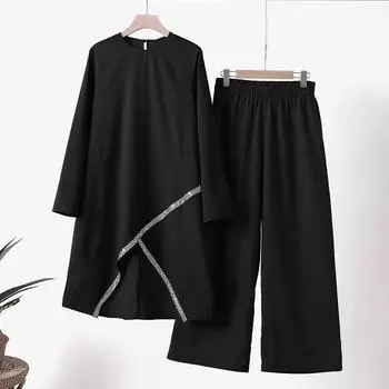 Хлопковая одежда Женская блузка и брюки Повседневный комплект из двух предметов XXXL чёрный