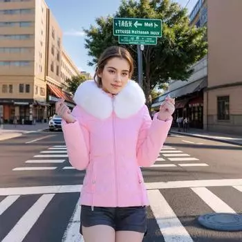 Хлопковая одежда женская короткая зимняя новая облегающая и тонкая большая меховая воротник съемная шапка одежда женское пальто L чёрный