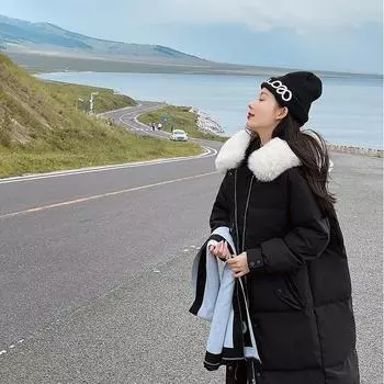 Хлопковая одежда, женская куртка средней длины с хлопковой подкладкой, зимняя корейская версия, свободная куртка выше колена с хлопковой подкладкой L абрикосовый