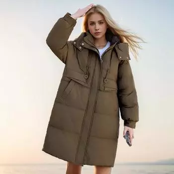 Хлопковая одежда женская средняя и длинная выше колена новая - утепленная одежда утолщенная свободная с капюшоном зимняя универсальная куртка M хаки