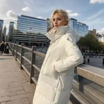 Хлопковая одежда женская зимняя новая средняя и длинная выше колена съемная шапка свободная утолщенная -стеганая куртка женская S белый