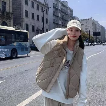 Хлопковая одежда жилет женский новый силуэт на пуговицах иностранный стиль пуховый хлопковый жилет маленький теплый жилет прилив M чёрный