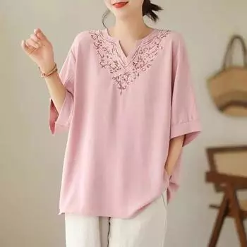 Хлопковая однотонная футболка с v-образным вырезом и вышивкой, футболки с рукавами три четверти, женский осенний свободный топ, белый, черный, розовый L розовый
