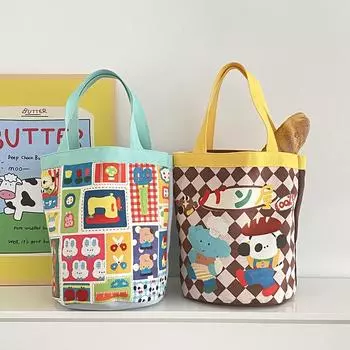 Хлопковая парусиновая женская маленькая сумочка Kawaii для девочек, милая сумка-ведро, ланч-бокс, сумка для пикника, контейнер для ужина, сумки для хранения еды для женщин