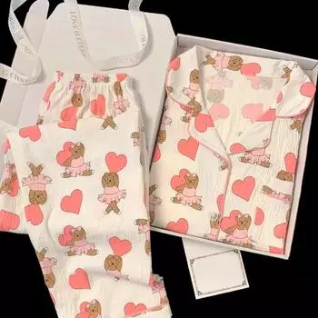 Хлопковая пижама для семьи на весну и осень, комплект одежды для студентов с длинными рукавами, милая пижама для девочек с медвежонком, семейная одежда M