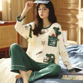 Хлопковая пижама, домашняя одежда, женская, большого размера, с длинным рукавом, длинные брюки, студенческая ночная одежда, домашняя одежда, два комплекта, пижама с рисунком медведя из мультфильма M