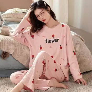 Хлопковая пижама, домашняя одежда, женская пижама, комплект с рисунком медведя из мультфильма, осень и зима, милые полосатые брюки с длинными рукавами, домашняя одежда для студентов M(35-47.5kg)