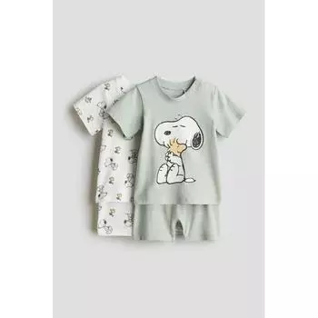 Хлопковая пижама HM, комплект из 2 предметов, светло-пыльный зеленый Snoopy