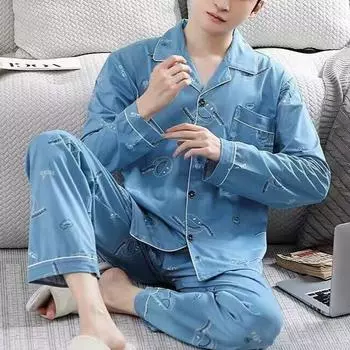 Хлопковая пижама мужская удобная с длинными рукавами большого размера для дома подростковый отдых на природе можно носить на улице L коричневый