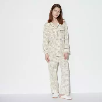 Хлопковая пижама UNIQLO airism с длинными рукавами в горошек