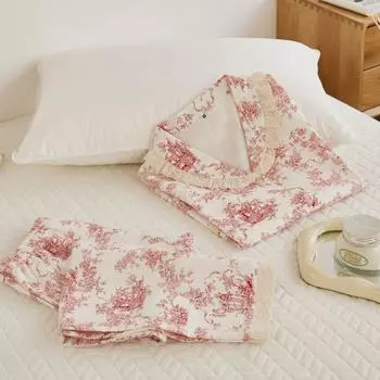 Хлопковая пижама в китайском стиле с принтом, домашняя одежда, повседневная, с длинными рукавами, 2 предмета, пижама, свободный отложной воротник, ночная рубашка, брюки, костюм M красный