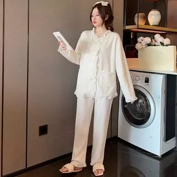 Хлопковая пижама женская весна осень милый тонкий костюм из двух частей милая студенческая пижама с длинным рукавом свободная домашняя одежда M