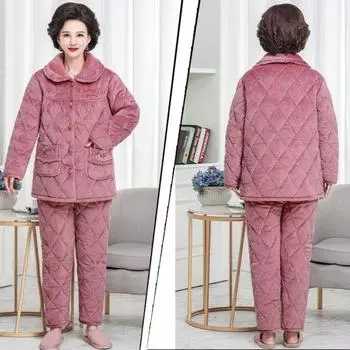 Хлопковая пижама женская зимняя новая трехслойная утепленная домашняя одежда кораллового бархата домашняя одежда для пожилых матерей пижамы наряд XL