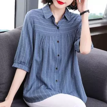 Хлопковая полосатая рубашка с рукавами пять четвертей для женщин, свободная рубашка с короткими рукавами для летней одежды, топ для женщин среднего возраста M джинсовый синий