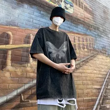 Хлопковая повседневная футболка 230 г для мужчин, летние повседневные футболки с принтом, топы в стиле ретро, футболка с круглым вырезом, мужская уличная одежда с короткими рукавами EU S чёрный