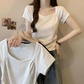 Хлопковая повседневная футболка с квадратным вырезом и коротким рукавом для женщин, летняя приталенная однотонная офисная женская футболка, одежда, элегантная простая женская футболка 24214 S белый