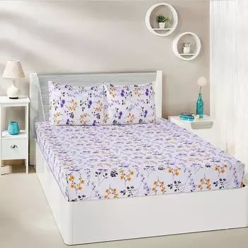 Хлопковая простыня кинг-сайз, 180 ТС, с цветочным рисунком (фиолетовый)