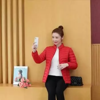 Хлопковая пуховая куртка больших размеров, модное осенне-зимнее тонкое и легкое короткое пальто, тонкое и легкое однотонное женское пальто M красный