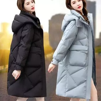 Хлопковая пуховая куртка женская средней длины, новинка 2023 года, зимняя утепленная модная женская версия с капюшоном, повседневная длина выше колена M хаки