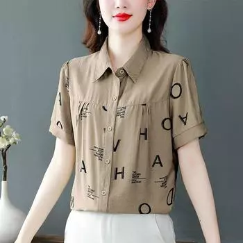 Хлопковая рубашка для женщин, свободный стильный ведущий кардиган больших размеров с короткими рукавами, топ с цветочным принтом для среднего возраста M зелёный