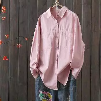 Хлопковая рубашка, куртка для женщин, повседневные блузки и рубашки, универсальная свободная, утягивающая, корейская версия, художественная весенняя рубашка L