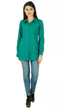 Хлопковая рубашка на пуговицах с длинным рукавом, бирюзовый топ, повседневная блузка, женская одежда 10 тил зеленый