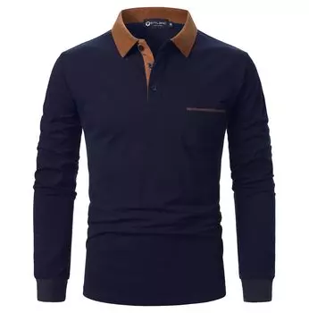 Хлопковая рубашка поло с длинным рукавом, повседневная одежда для гольфа, спортивная рубашка, синяя, размер L [STTLZMC] для мужчин