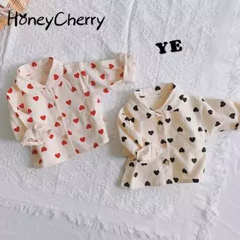 Хлопковая рубашка с принтом в виде сердца, детская блузка, топы с длинными рукавами для маленьких девочек, рубашка для маленьких мальчиков 73cm чёрный