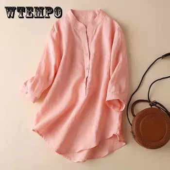 Хлопковая рубашка с воротником-стойкой, женская весенне-летняя хлопково-льняная рубашка с рукавами три четверти, простые свободные повседневные блузки большого размера XXXL белый