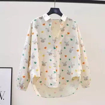 Хлопковая рубашка женская весна-осень с принтом свободная повседневная рубашка плиссированный дизайн универсальный топ M