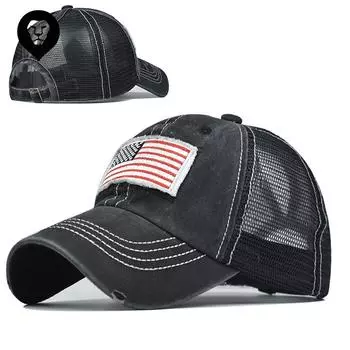 Хлопковая сетчатая шапочка с рваным хвостом, вышитый национальный флаг, бейсболка с принтом «конский хвост» Adjustable