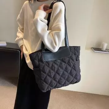 Хлопковая сумка, женская однотонная сумка-тоут большой вместимости, портативная сумка через плечо с ромбовидной формой плеча чёрный