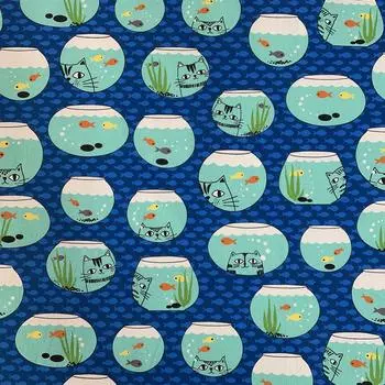 Хлопковая ткань ручной работы с цифровым принтом и цветочным узором. Материал хлопка ручной работы и 100% (Рыба Кот) (Синий 1М)