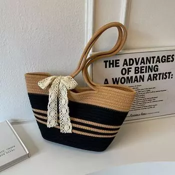 Хлопковая тканая сумка ручной работы для хранения, пляжная сумка, корзина для пикника в стиле ретро