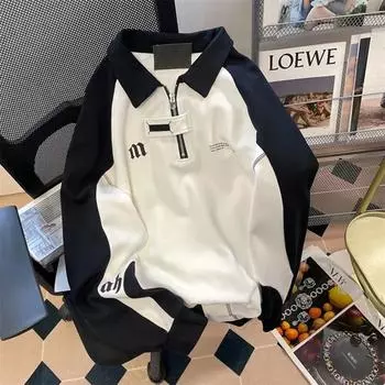 Хлопковая толстовка большого размера для женщин, на молнии, без капюшона, с длинным рукавом, с воротником-поло, тонкий свободный спортивный свитер L чёрный