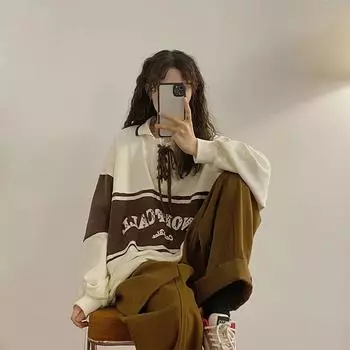 Хлопковая толстовка большого размера, женская винтажная толстовка-поло с лацканами, женская свободная повседневная удобная футболка с длинными рукавами L чёрный