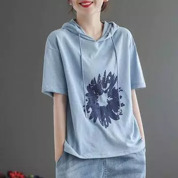 Хлопковая толстовка с капюшоном и коротким рукавом, женская летняя женская удобная свободная футболка больших размеров с короткими рукавами, топы M белый