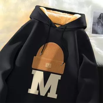 Хлопковая толстовка с подкладкой, женская осенне-зимняя утолщенная теплая удобная пуловер с капюшоном, свободная повседневная толстовка в стиле ретро M чёрный