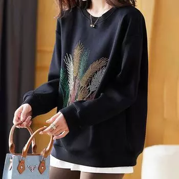 Хлопковая толстовка женская и осенняя удобная с круглым вырезом, тонкие свободные топы, пуловер, повседневная удобная толстовка с баской M оранжевый