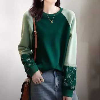 Хлопковая толстовка женская осенняя однотонная пуловер с длинными рукавами удобный топ с круглым вырезом модная повседневная толстовка с блокировкой цвета M синий