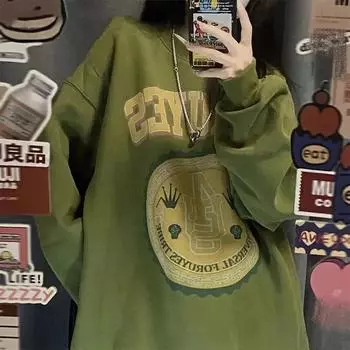 Хлопковая толстовка женская плюс размер с длинным рукавом свободная спортивная толстовка в стиле ретро удобный спортивный топ M