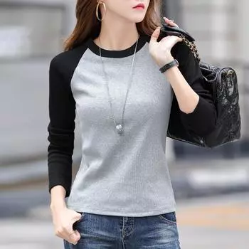Хлопковая тонкая футболка женская контрастного цвета женская рубашка корейский топ с длинным рукавом весенне-осенняя футболка Femme XXXL серый