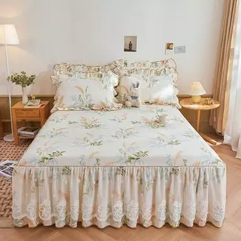 Хлопковая юбка-кровать с цветочным принтом в деревенском стиле, двуспальная кровать, покрывало размера «queen-size», с рюшами, одинарная, с 2 подушками, нескользящие накладки для девочек 120x200cm-3pcs set