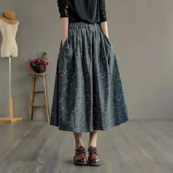 Хлопковая юбка, женская летняя повседневная универсальная эластичная женская юбка, свободная удобная юбка средней длины большого размера XL синий