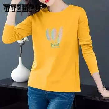 Хлопковая весенне-осенняя футболка с длинными рукавами в корейском стиле, женская свободная женская футболка больших размеров с круглым вырезом 3XL