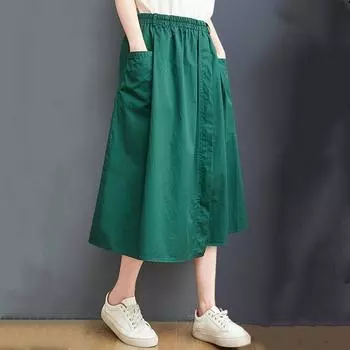 Хлопковая винтажная летняя повседневная свободная длинная женская юбка больших размеров с высокой талией L зелёный